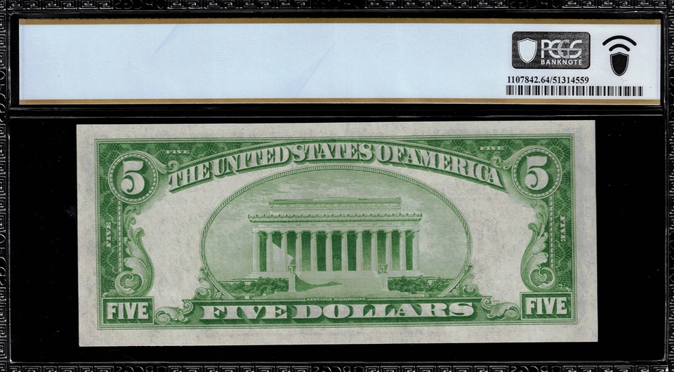 1934 $5 Federal Reserve Note Philadelphia Light Green Seal FR.1955-C PCGS 64 PPQ - Image 2 of 2