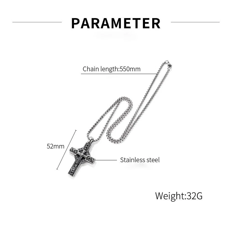 Mens Irish Celtic Trinity Knot Cross Pendant Necklace Stainless Steel Set - Image 4 of 4