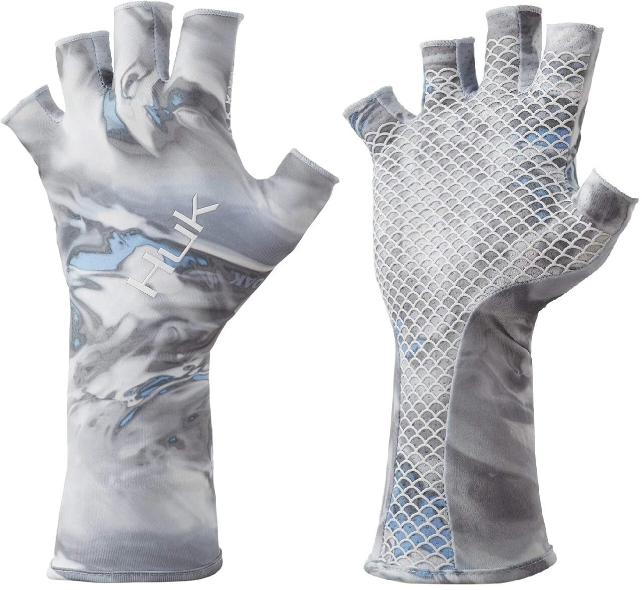 Huk Mens Sun Gloves Quick-Drying Fingerless Fishing Gloves (Mossy Oak Hydro)