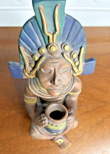 Aztec Inca Mayan Mexico Folk Art Warrior Pottery Red Clay Terracotta Pot Vase 9" - Picture 10 of 10