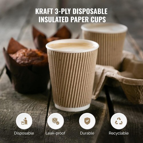 200 x 12oz Disposable Coffee Cups 3 PLY Kraft Ripple Paper Cups Hot & Cold Drink - Picture 20 of 21