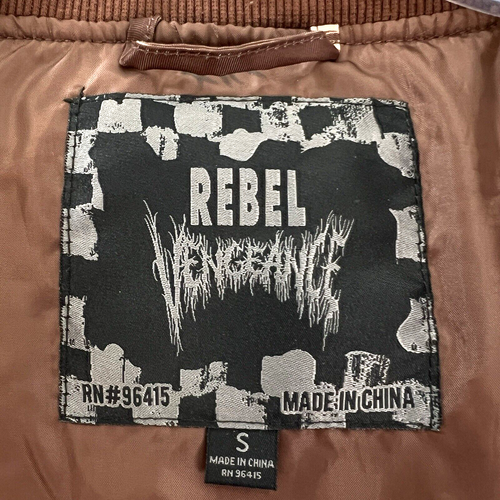 REBEL VENGEANCE Scull & Bones Jacket Mens S Y2K 90s Inspired Bomber Brown Urban - Picture 2 of 15