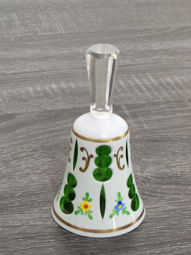 Vintage Czech Bohemian Green White Cased Glass Bell Hand Painted Flowers - Picture 5 of 12