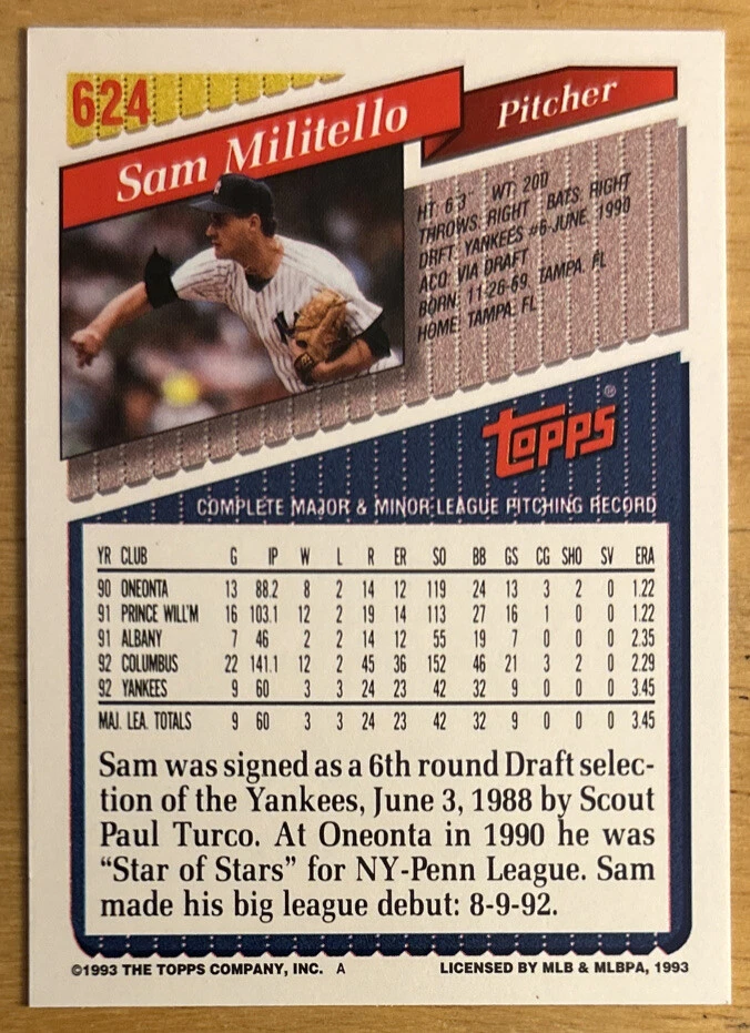 1993 Topps Gold Sam Militello Baseball Rookie Card (RC) #624 Yankees EXMT O/C - Image 2 of 2