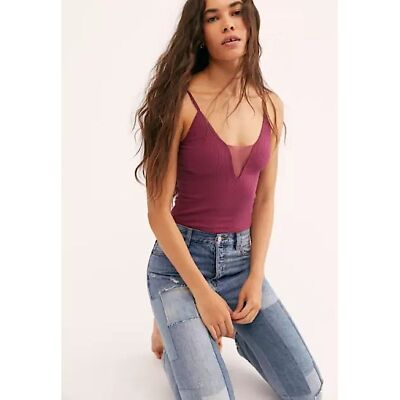 Free People Come Around Seamless Ribbed Mesh V Neck Cami Top, Raspberry - XS/S