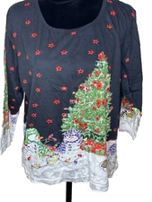 Collections Etc. Snowman Holiday Christmas 3/4 sleeve top shirt Sequins India XL