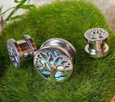 PAIR Abalone Inlaid Tree of Life Screw Fit Tunnels Plugs Earlets Gauges