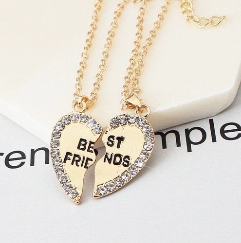 Silver Gold Broken Heart Best Friend Rhinestone 2 Pcs Friendship Necklace Gift - Picture 3 of 4