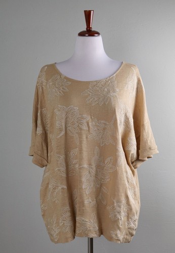 Chicos 79 $ besticktes beige 100 % Leinen kastiges T-Shirt Top Größe 4 US XXL/2XL