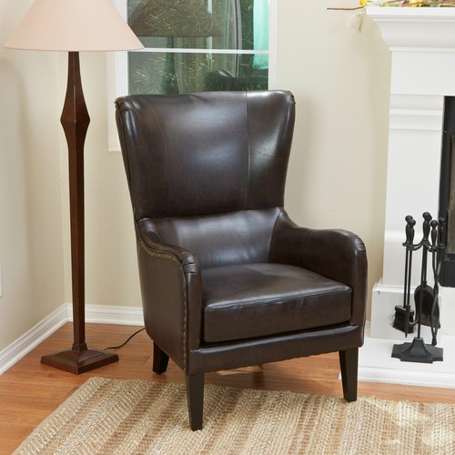 Salerno Brown Leather High Back Wing Chair Lounge WingBack ArmChair  - Picture 1 of 4