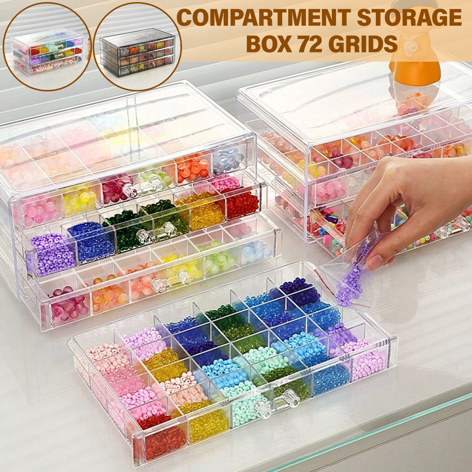 Compartment Storage Box 72 Grids Acrylic Organizer Box with 3 Drawers Storage