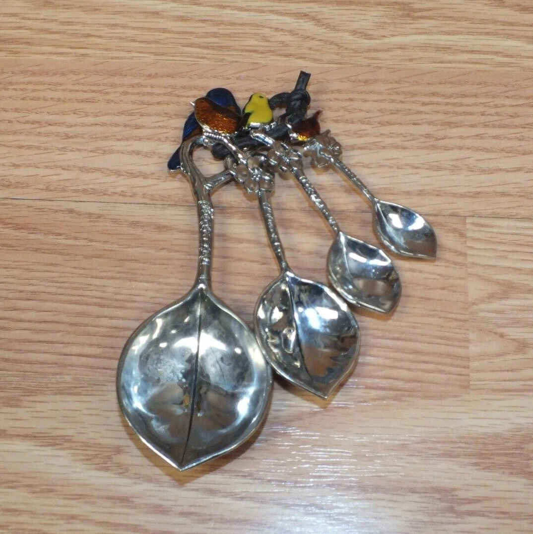 GANZ Silver Tone Leaf Style Measuring Spoons With Multi Color Bird Handles