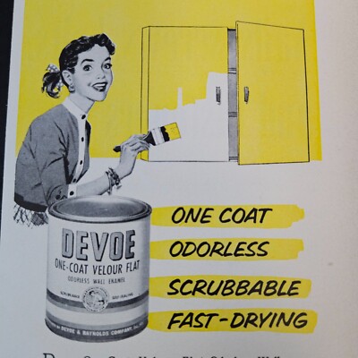 1953 Devoe Paints Vintage Print Ad One Coat Velour Flat Odorless Scrubbable NY