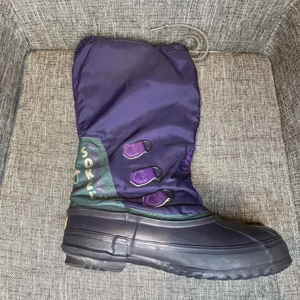 Винтажные женские зимние сапоги Sorel фристайл размер 8 зеленые фиолетовые высокие 90-е без шнурков - Изображение 4 из 4