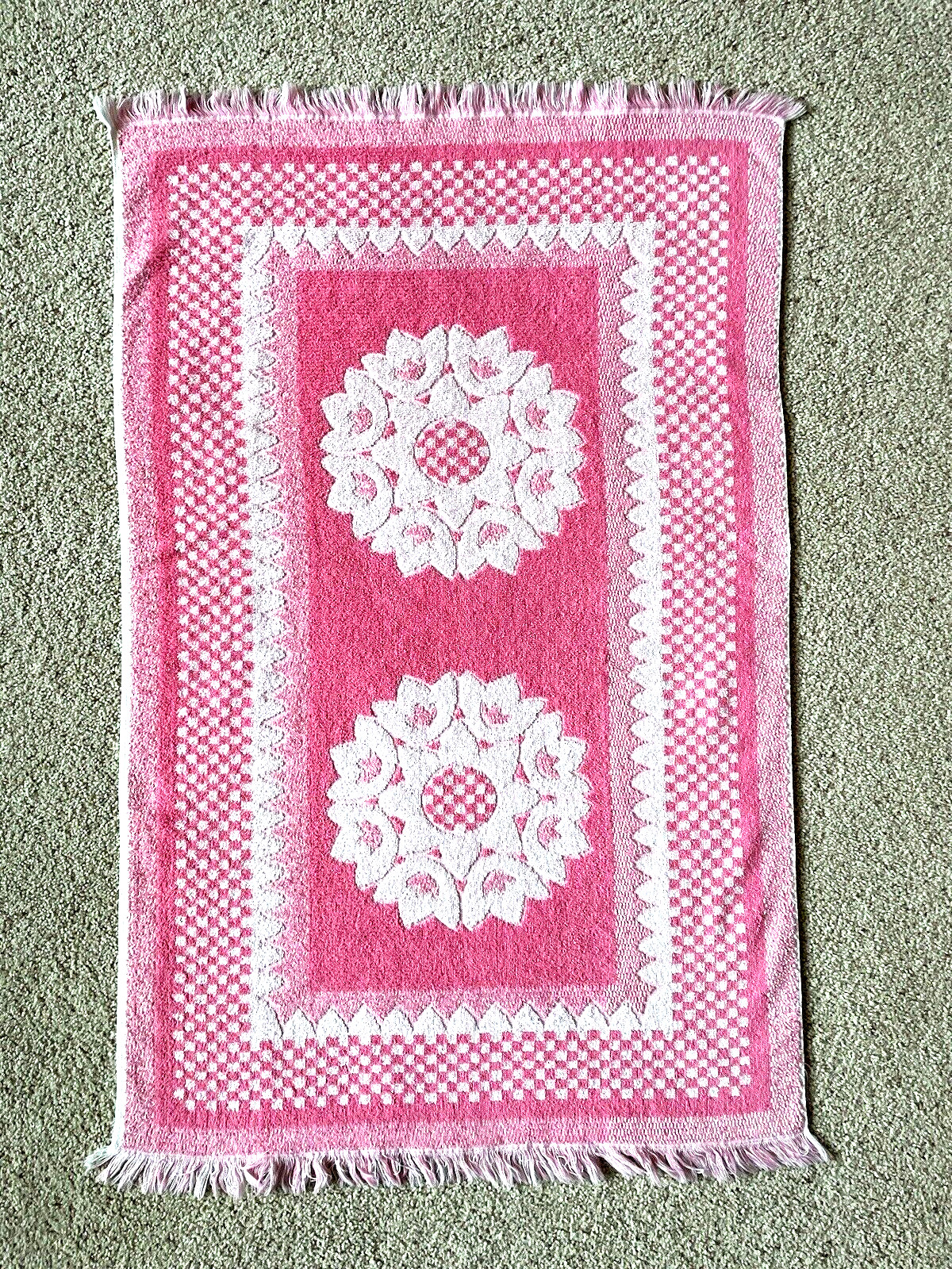 Vintage Cannon Pink Fringe Floral Rose Jacquard COTTON Bath Hand Wash Towel Set