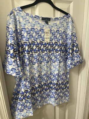 KAREN SCOTT - Casual White Blouse Blue Sailboats Plus, BONUS GIFT.  