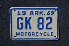 1969 Arkansas MOTORCYCLE License Plate # GK 82 - Nice Original