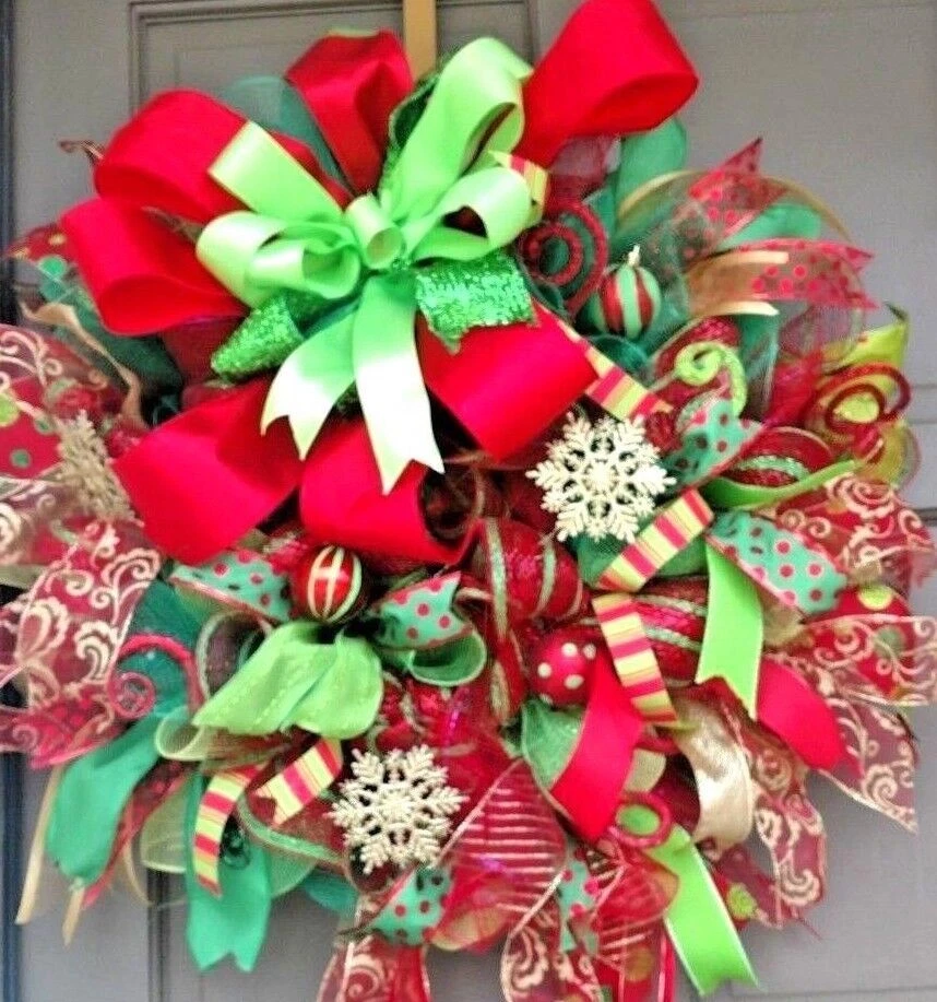 Corona de puerta de entrada de Navidad hecha a mano grande 24" malla decorativa decoración de copo de nieve dorado Foto 4 de 4