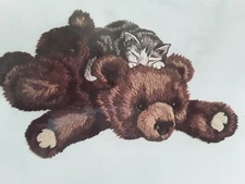  Vtg Charmin Catnap Crewel Kit Cat & Teddy Bear Silk Screen Fabric Wool Yarn 11x