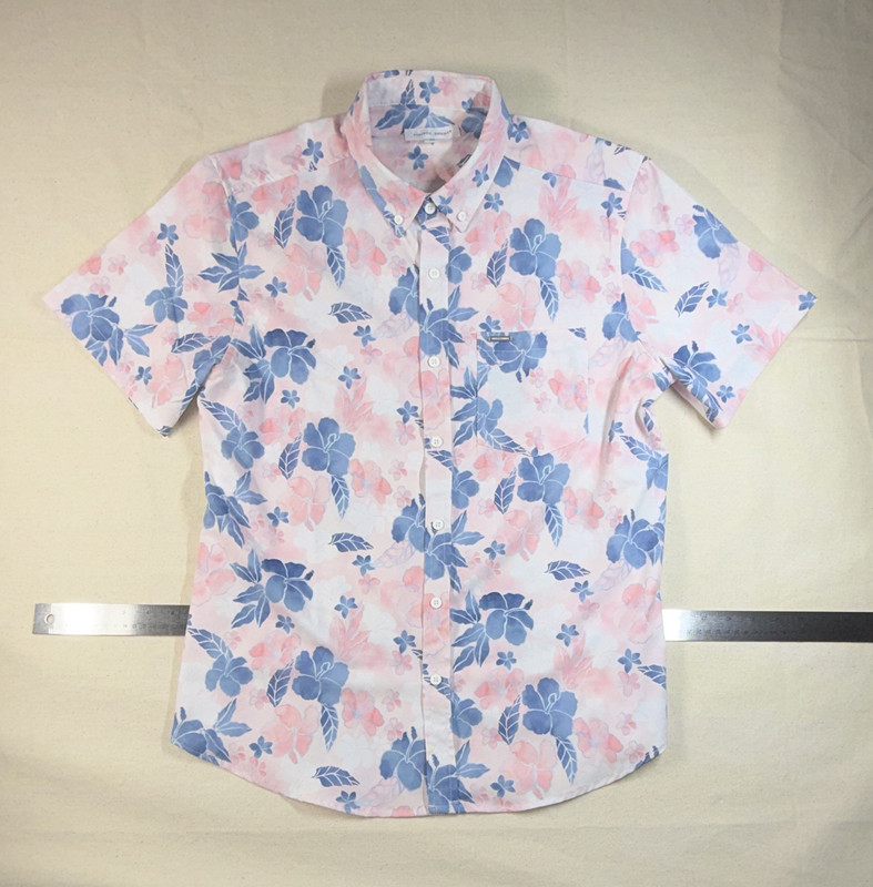 Vintage Summer Men's M Pink Blue Floral Hawaiian SS Button-Down Stretch V60706
