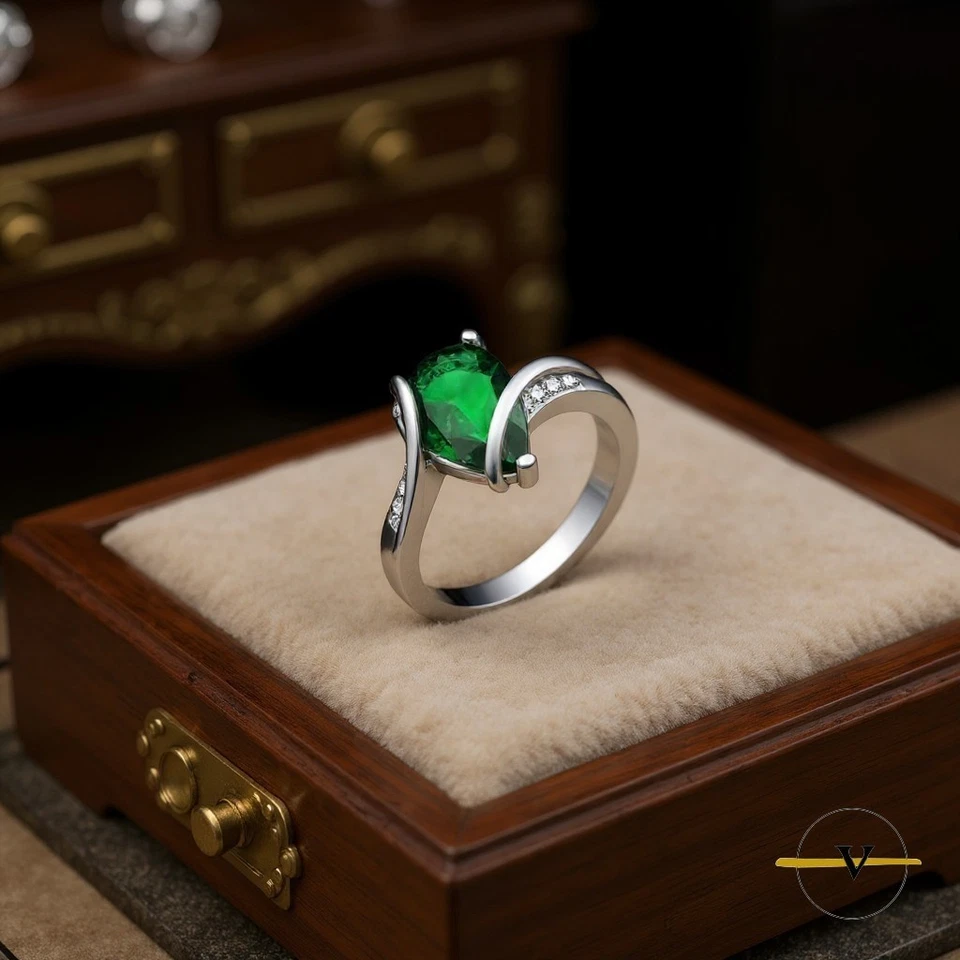 ANELLO DONNA IN ARGENTO 925 RODIATO CON ZIRCONE A GOCCIA VERDE MISURA 19 - Immagine 2 di 4