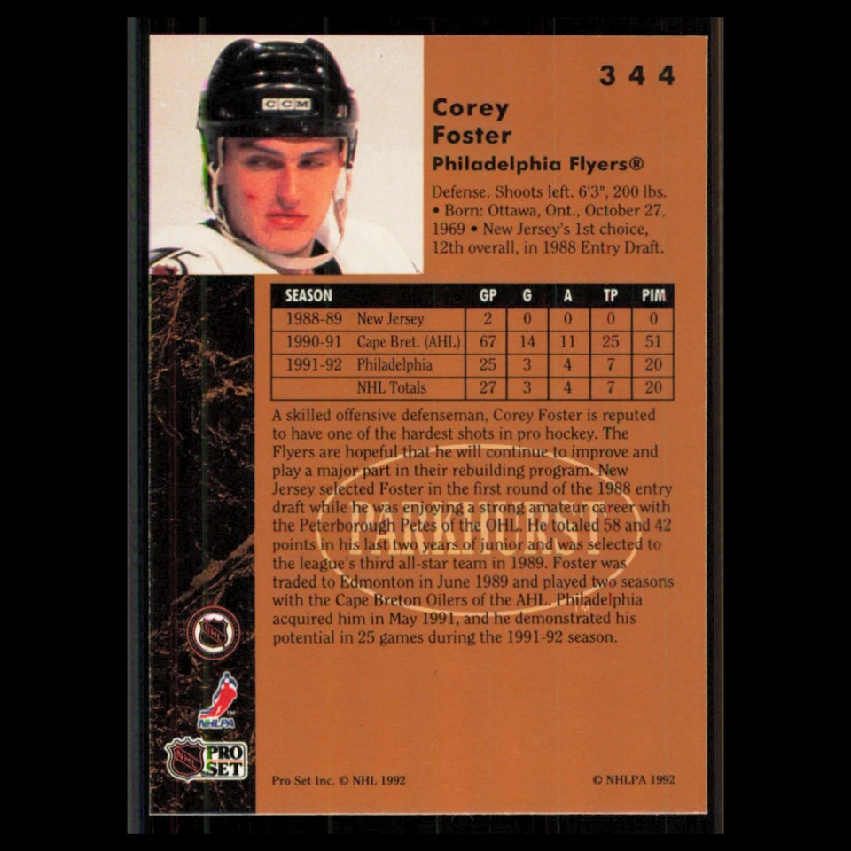 Corey Foster Rookie #344 1991 Parkhurst Philadelphia Flyers Hockey Card NHL NM - Image 2 of 3