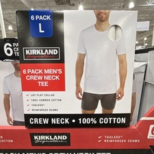 Kirkland Signature 6 Pack Men's Crew Neck Cotton Tee White L Tagless Reinforced