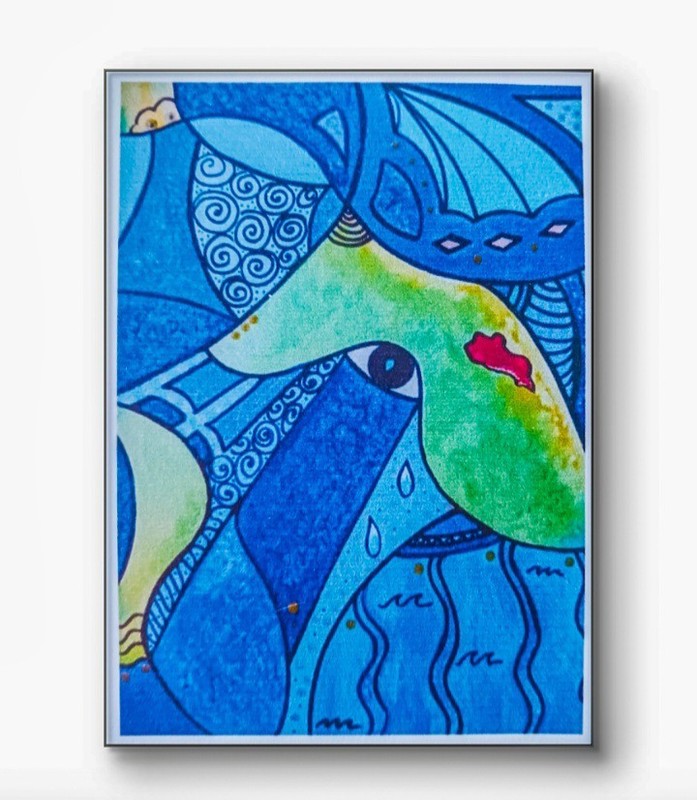 ACEO PRINT of Original Abstract Blue Tears Acrylic & Pencil by Charlene Slie