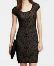 Ann Taylor Women's Black Tan Mirror Image Damask Pencil Sheat Sweater Dress M