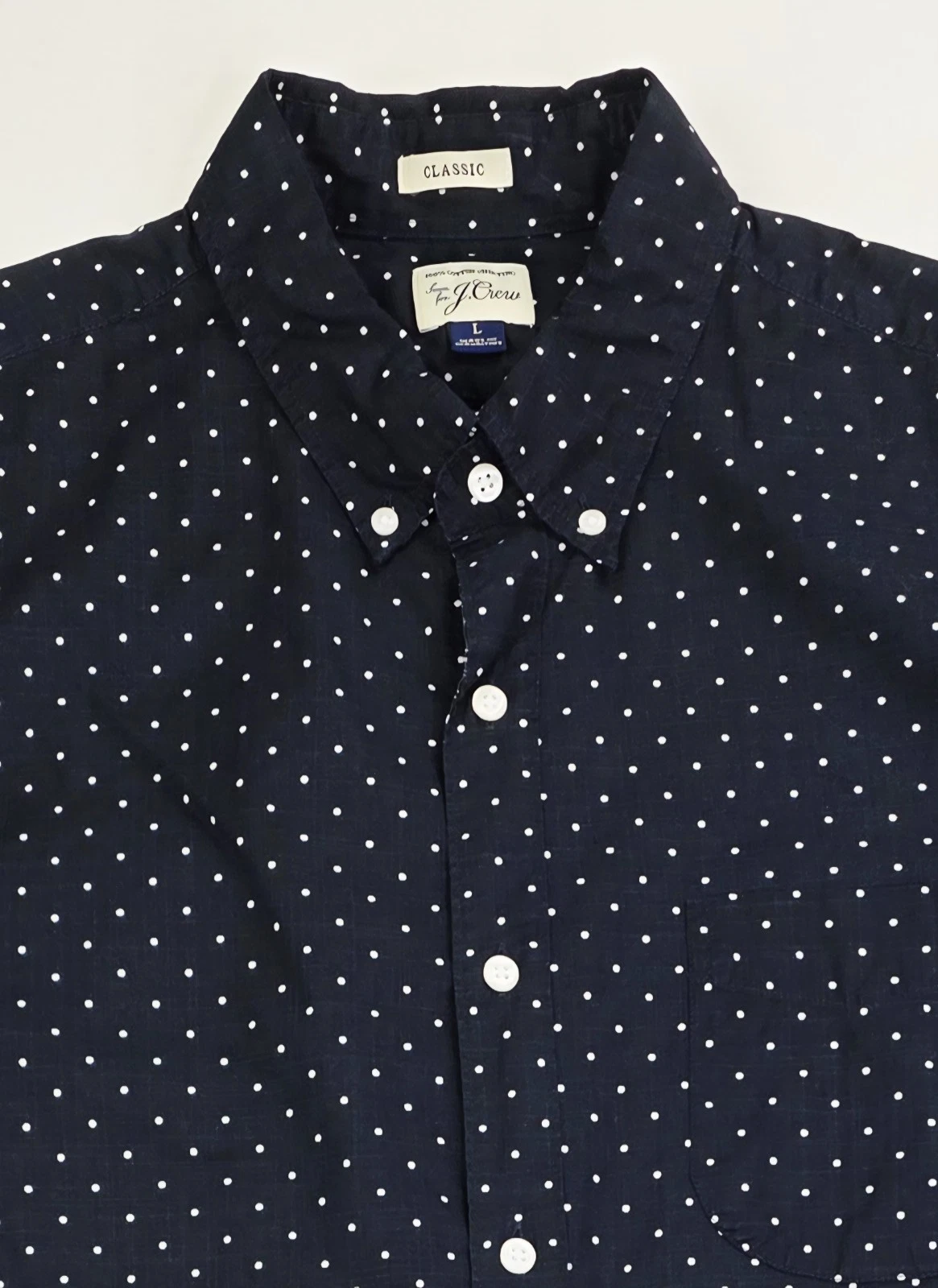 J. Crew Classic Navy White Polka Dot Short Sleeve Men Sz Large Button Down Shirt
