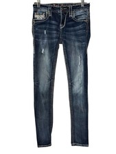 Rock Revival Pilkin Mid Rise Dark Blue Distressed Women's Skinny Jeans Sz 26