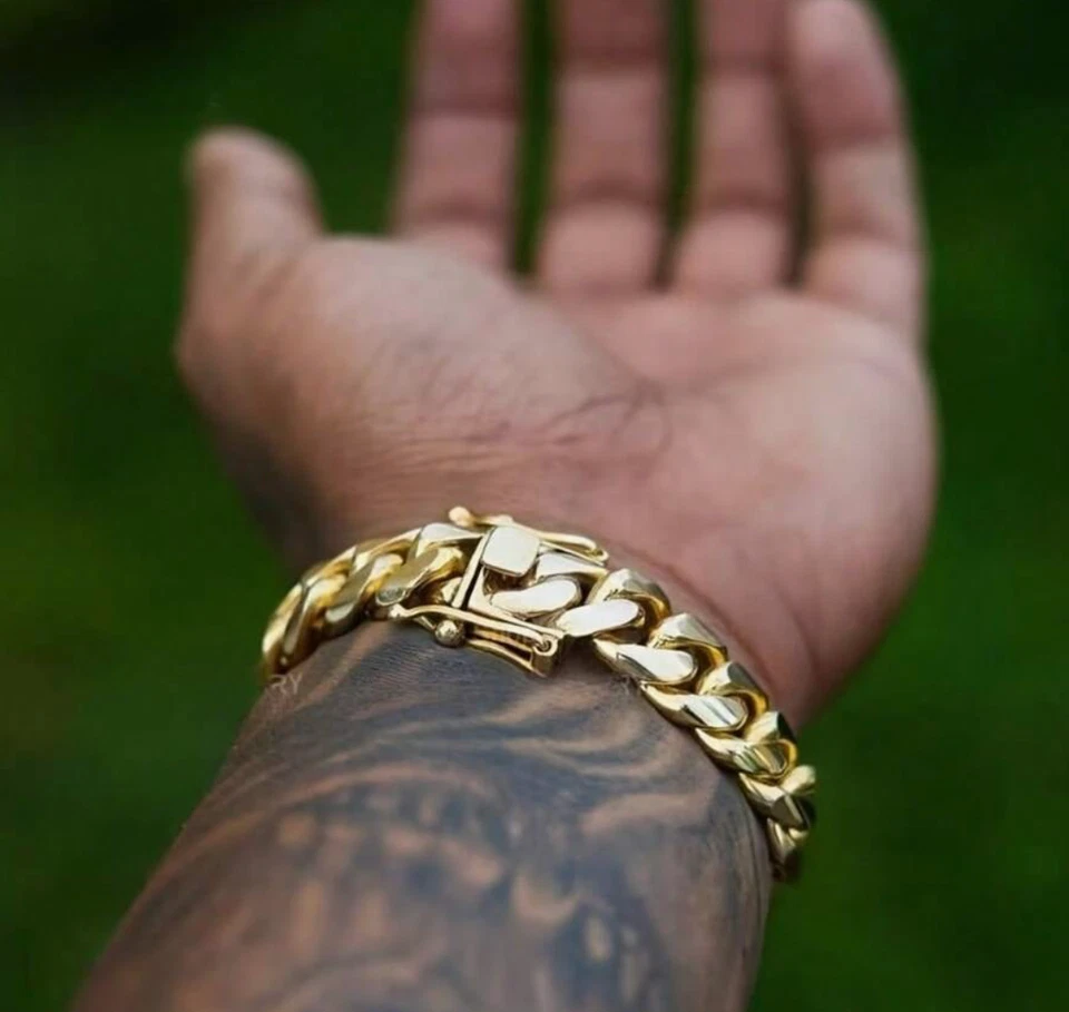 Pulsera Gruesa Cubana Brazalete de Titanio en Oro 14K Para Hombres Joyería Foto 3 de 4