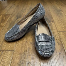 Vionic Larrun Driving Loafer Shoes Women's 9 Silver Leather Snakeskin Embossed