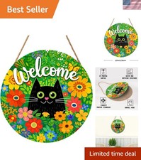Charming 12x12 Wooden Black Cat Welcome Sign with Colorful Floral Design