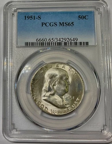 1951 S USA FRANKLIN HALF DOLLAR MS65 pleasing coin mostly white