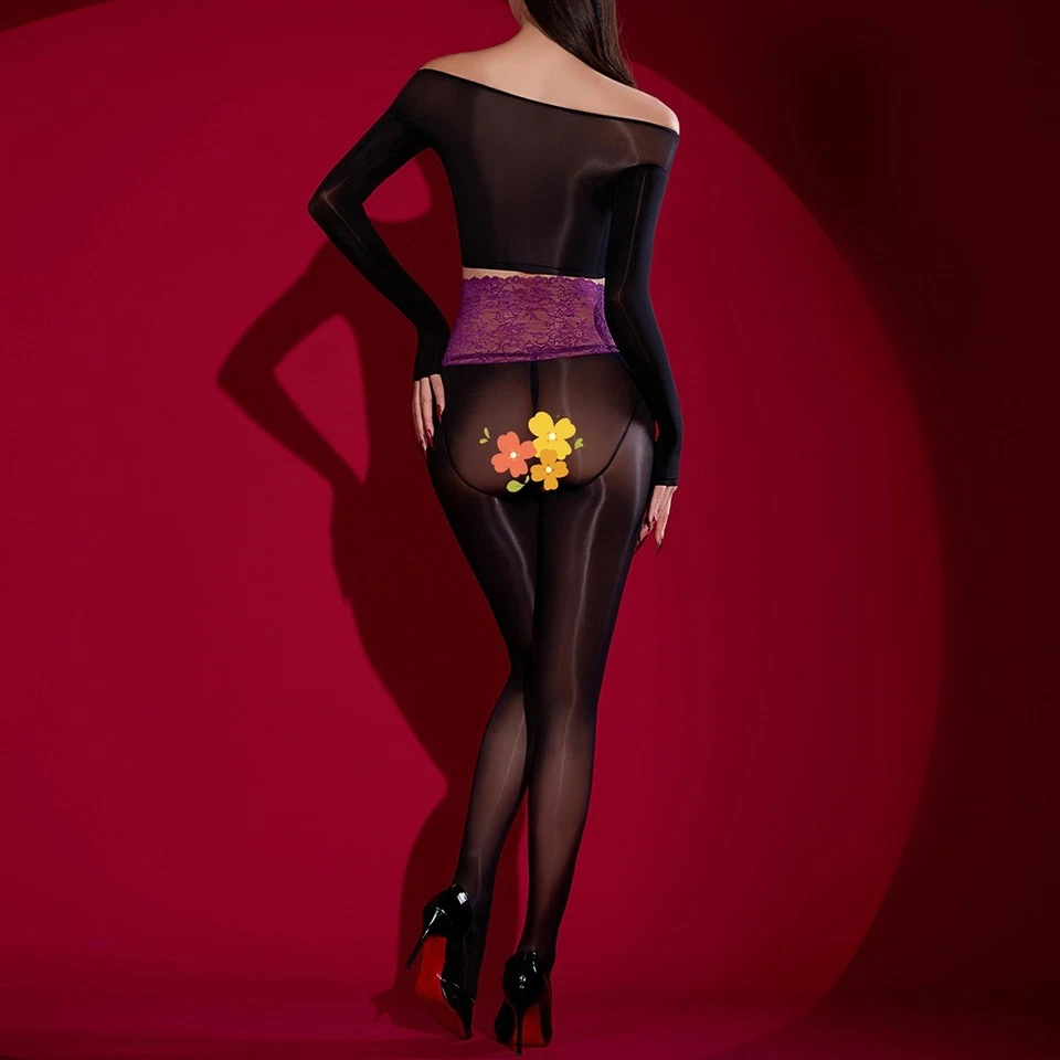 8D Oily Shiny Glossy Thigh High Stockings Off Shoulder Jumpsuit Pantyhose Tights - Image 4 of 4