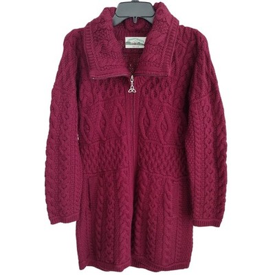 Aran Crafts 100% Merino Wool Cableknit Longline Full-Zip Cardigan Sweater Medium