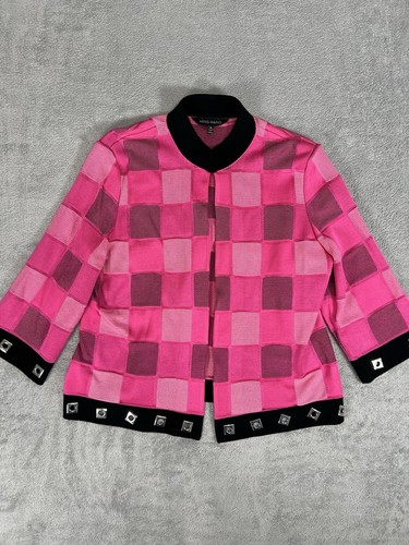 Ming Wang Damen XL rosa kariert Karo Ösen Strick Karriere Jacke