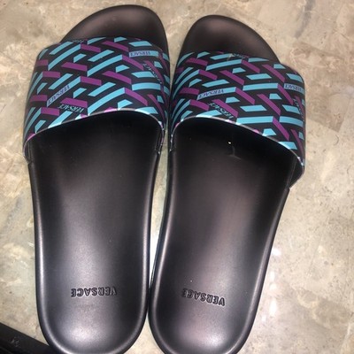 VERSACE Pool Slides Gomma St. La Greca Size 44 Tangerine & Magenta Men's Shoes