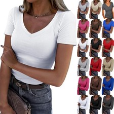 Casual Ladies Ribbed Slim Tops Women V Neck Stretchy Summer Blouse TEE Shirts UK
