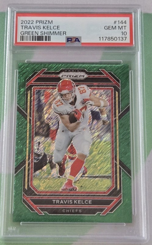 2022 Panini Prizm Travis Kelce Green Shimmer /5 PSA 10 GEM MINT #144 Chiefs Pop1