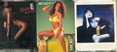 3 Vintage Sexy Women Beer Posters Modelo, Mickeys Big Mouth, Miller