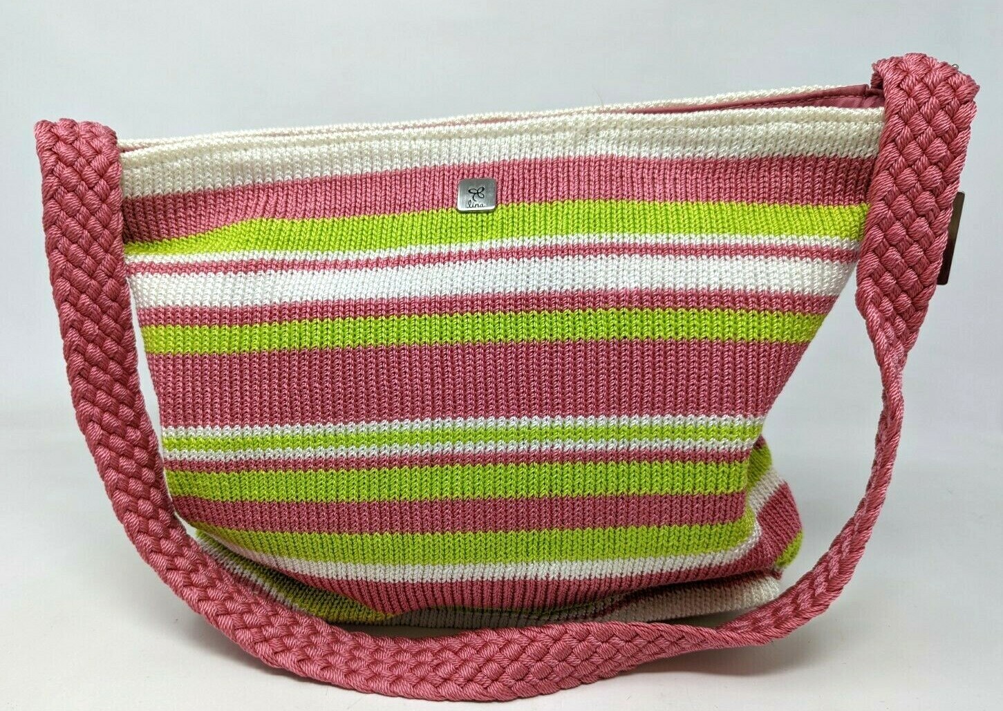 Lina Woven Crochet Pink White Green Colorful Shoulder Bag Zipper Purse