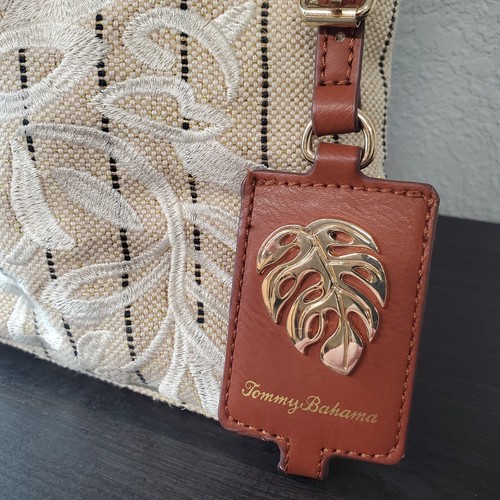 Tommy Bahama Mujer Mochila Cartera Bordada Lino Cuero Waikiki Excelente - Imagen 4 de 15