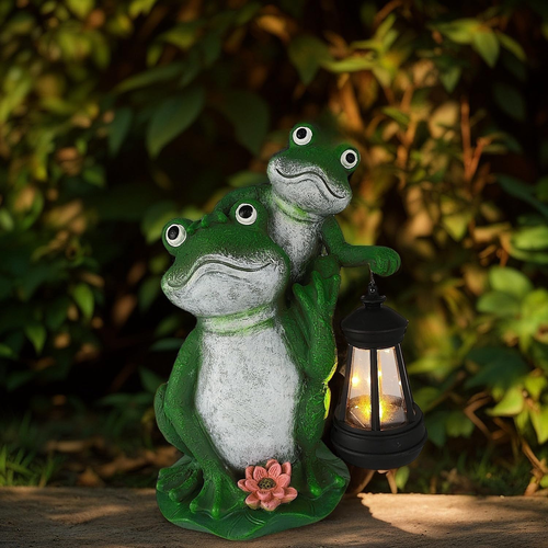 Solar Garden Frog Statues with LED Lantern, Resin Outdoor Statues, Figurine Ligh