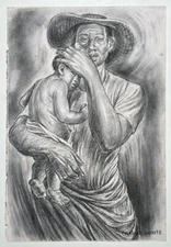 Charles White (Handmade) Drawing On old Paper Signed & Stamped, Vtg Art