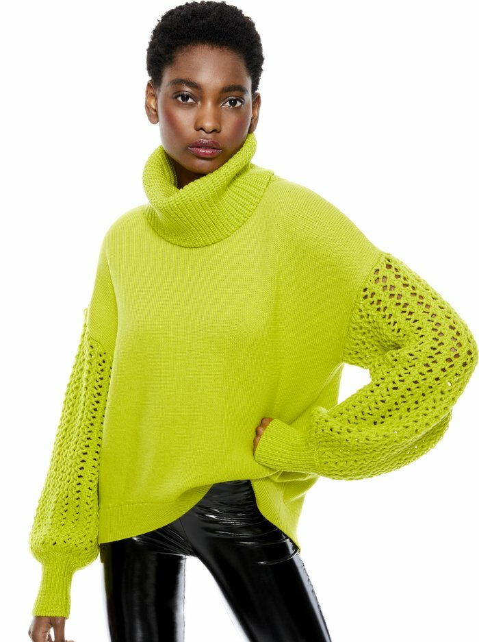 Alice + Olivia Adela Round Hem Turtleneck Sweater Lime Punch / Xs