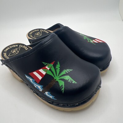 Swedish Blue Leather Kids Wooden Clogs Size 23