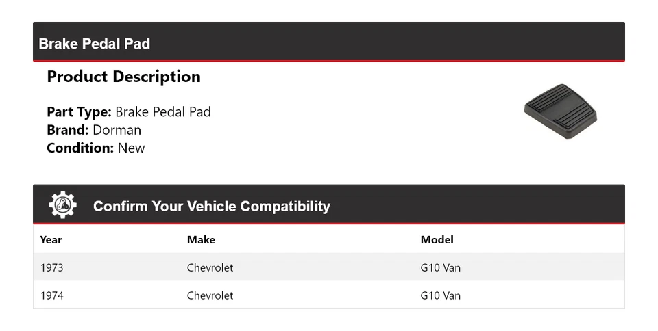 Pastilla de pedal de freno para Chevrolet G10 Van Dorman 1973-1974 Foto 2 de 4