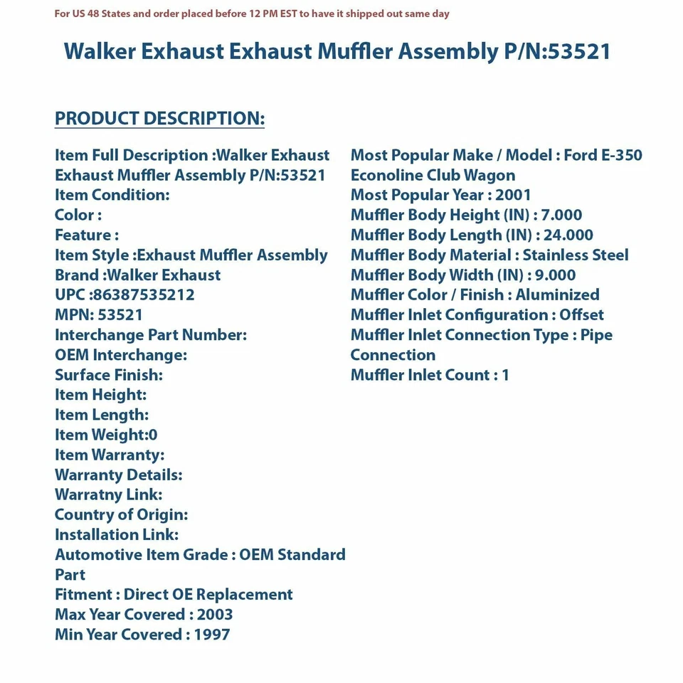 Conjunto Silenciador Escape Walker 53521 | Auto Pieza Alta Calidad, Universa Foto 4 de 4